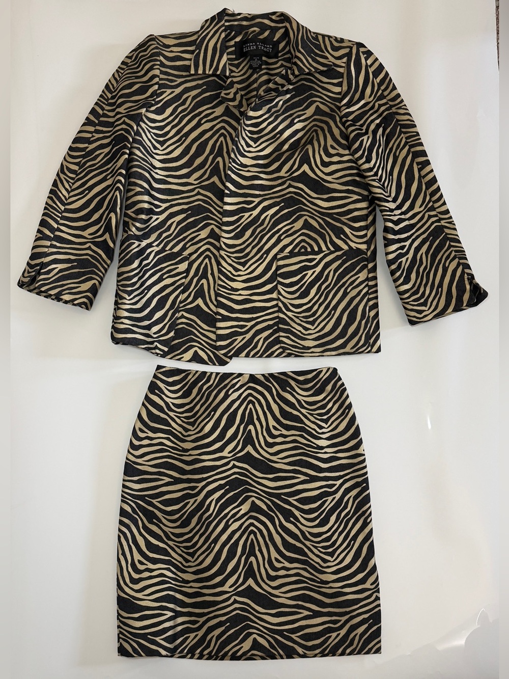 Linda Allard Ellen Tracy Black Animal Print Skirt Suit Jacket Sz 2